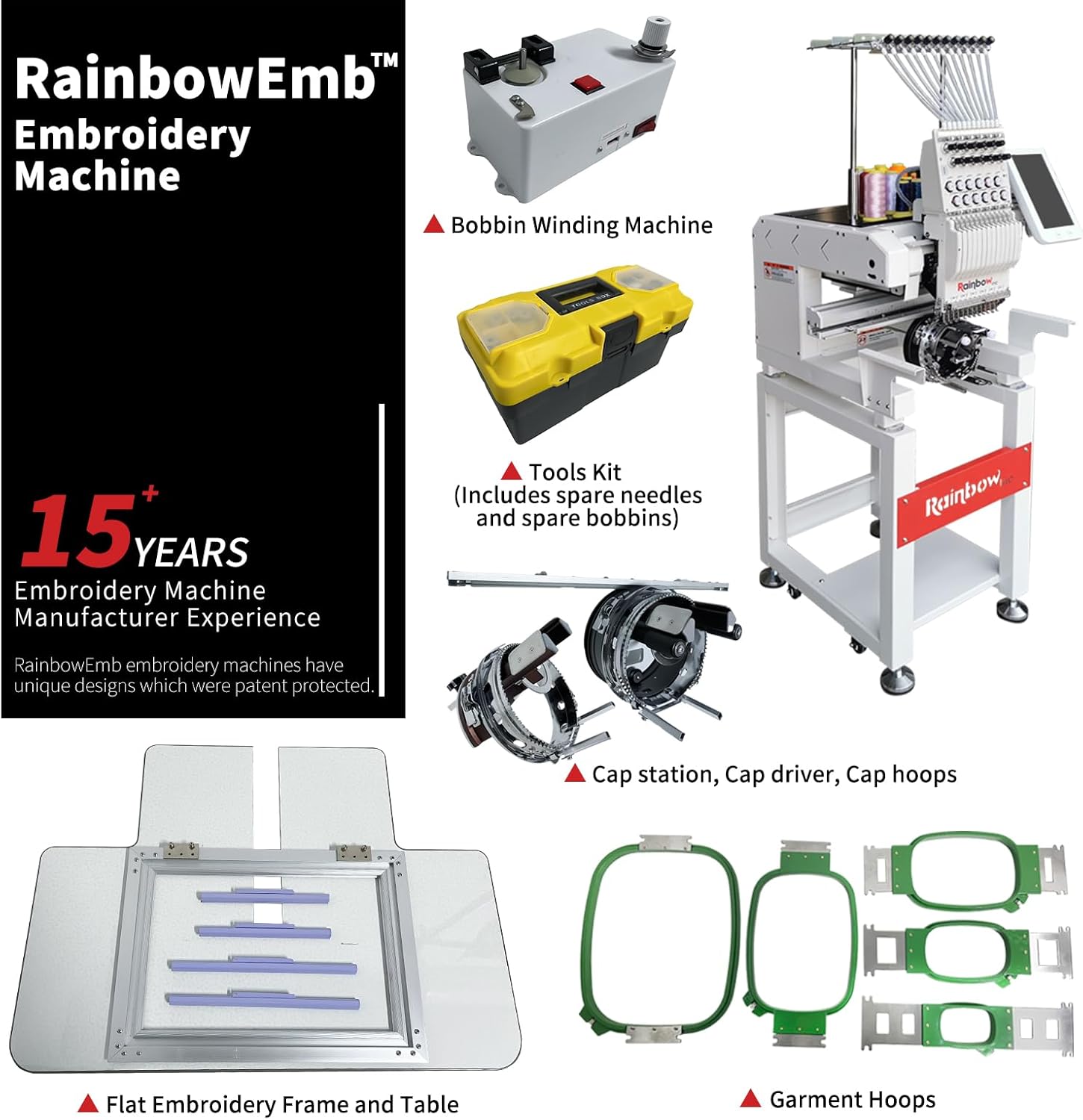 Computerized Embroidery Machine, Model RBE2235-A12 Commercial 22*35cm (8.66*13.78 inches) Working Area 12 Needles Embroidery Machine, Available For Hats T-shirts Hoodies Embroidery etc.