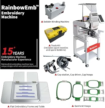 Computerized Embroidery Machine, Model RBE2235-A12 Commercial 22*35cm (8.66*13.78 inches) Working Area 12 Needles Embroidery Machine, Available For Hats T-shirts Hoodies Embroidery etc.