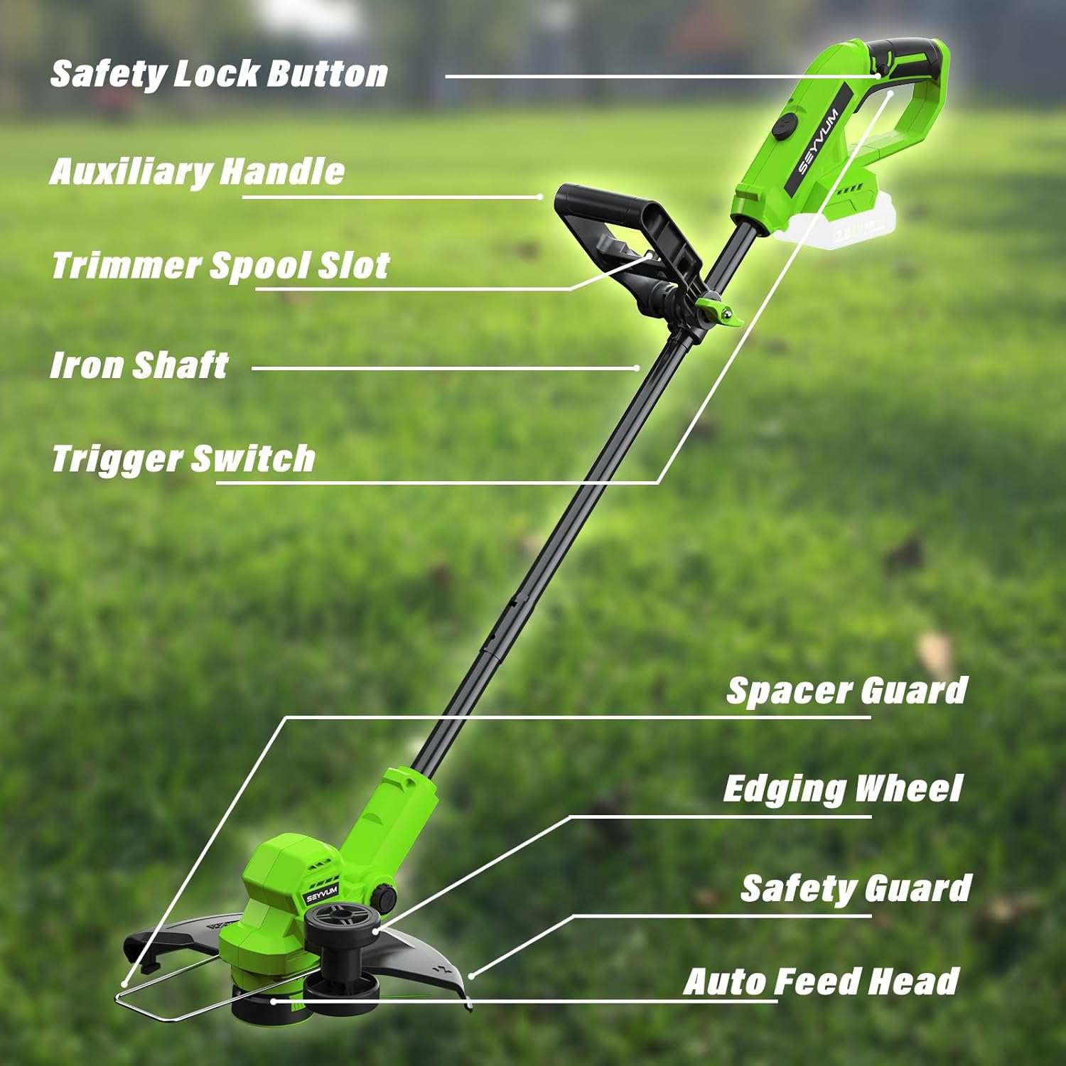 SEYVUM String Trimmer, 20V 12-inch Cordless Weed Trimmer with Auto Line Feed, 2 X 2.0Ah Battery Powered Lawn Edger with 5 Pcs Spool Line & 8 Pcs Plastic Blades, Fast Charger Included, Green