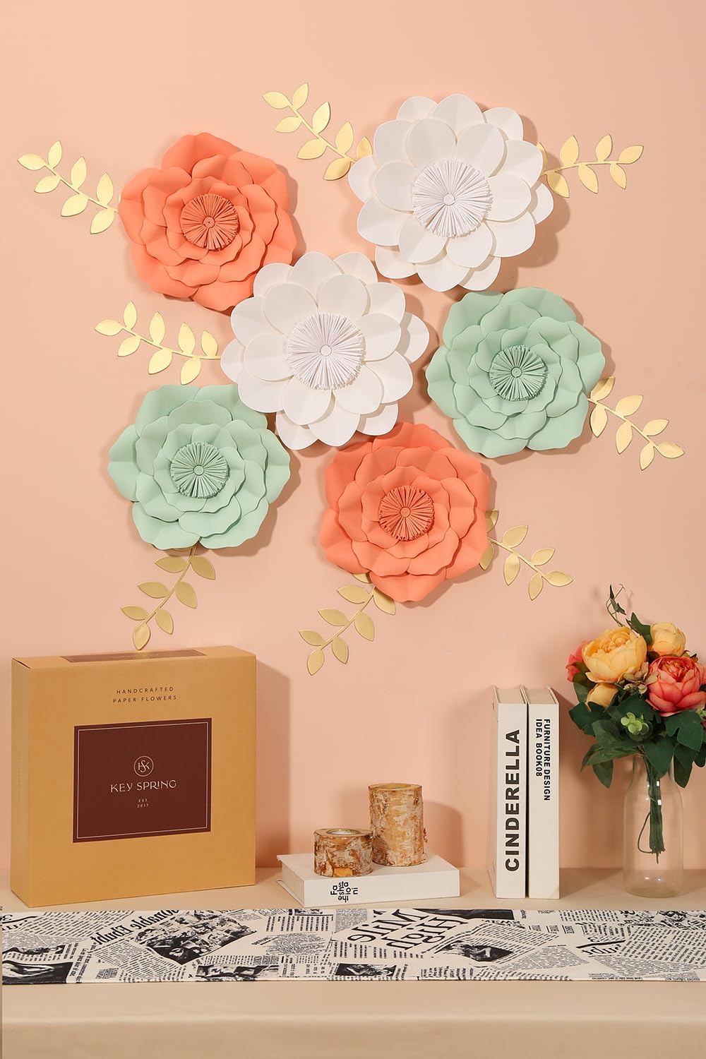 Paper Flower Decorations for Wall, Wedding Backdrop, Bridal Shower, Birthday Party, Nursery Wall Decor, Baby Shower (Mint, Coral, White Set of 6)