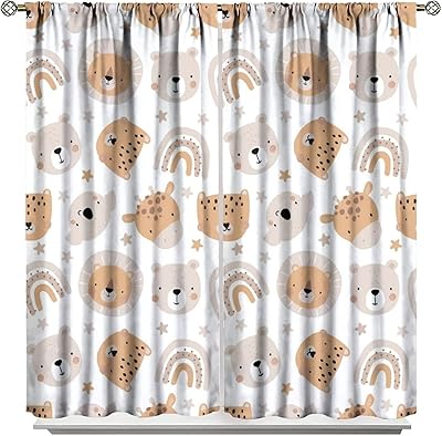 Cartoon Boho Animal Curtains,Funny Forest Safari Print,Cute African Wildlife Koala Giraffe Lion Leopard Bear Rainbow Blackout Window Drapes for Boys Girls Kids Baby Child Bedroom 72x63in