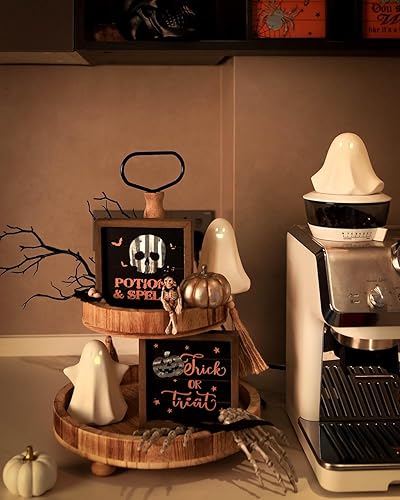 Miniatura 8 de Fantasma iluminado para decoración de Halloween, 5 pulgadas, bonitas decoraciones de Halloween para interiores, 3 piezas de fantasmas de cerámica