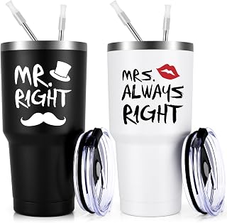 Qtencas Mr. Right Mrs. Always Right Travel Tumbler Set, Wedding Engagement Gifts for Husband Wife Newlywed Couples Bride Anniversary Bridal Shower, 30oz Stainless Steel Tumbler, Black and White