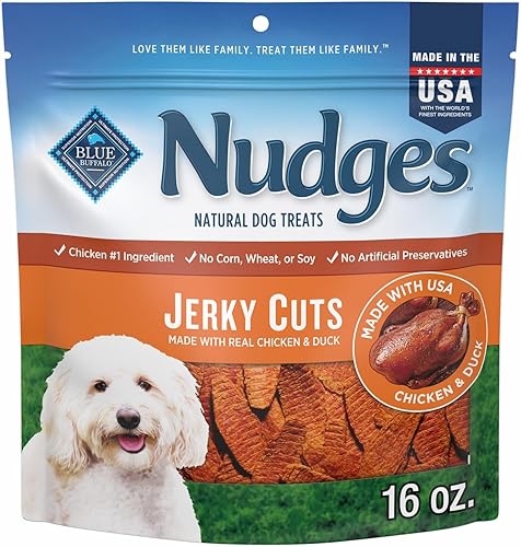 Blue Buffalo Nudges Jerky Cuts - Golosinas para perros, fabricadas en los Estados Unidos con ingredientes naturales, pollo y pato, bolsa de 16 onzas