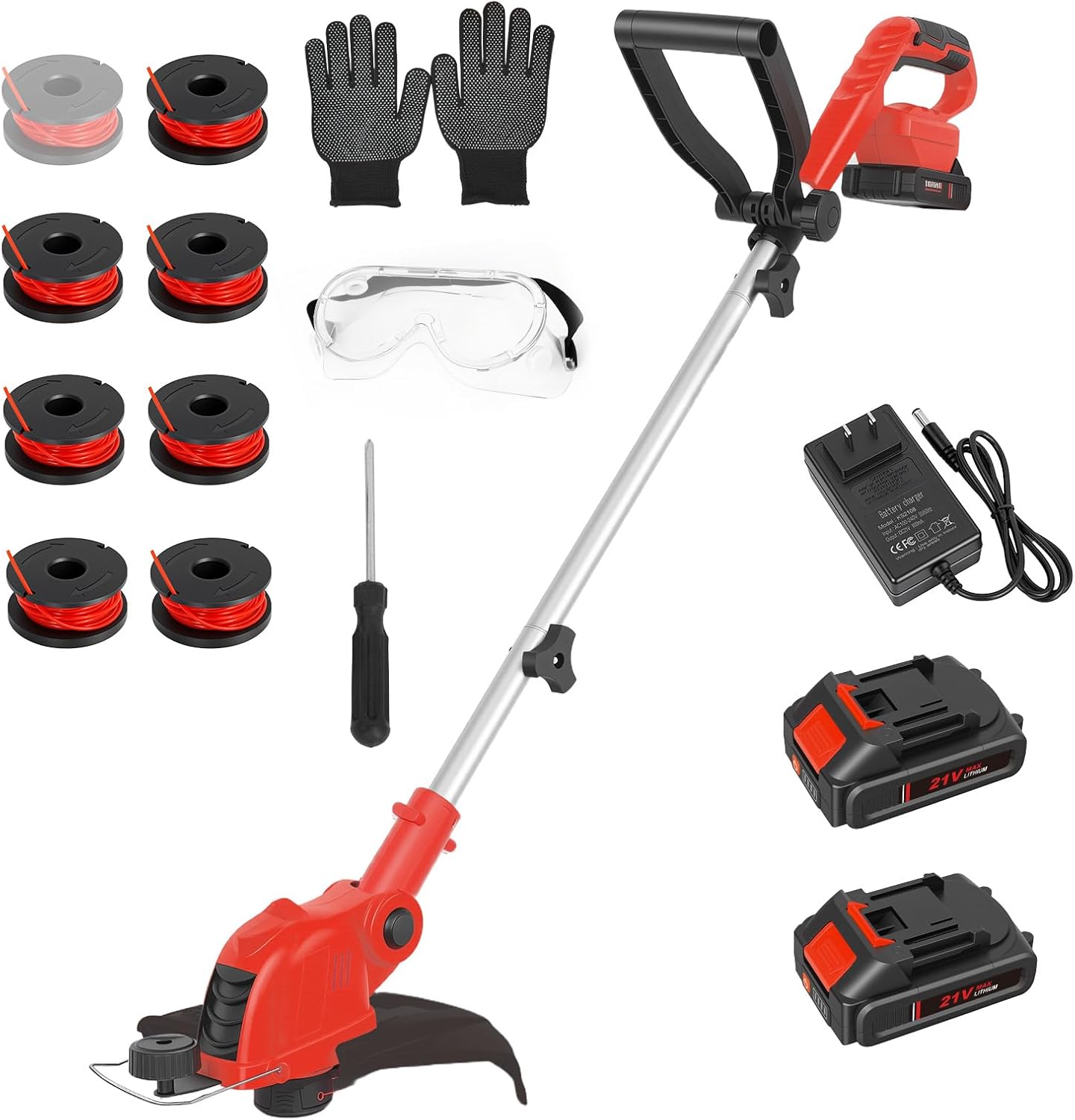 21V Cordless 2-in-1 Grass Trimmer & Edger, 12" Auto-Feed String Trimmer with 2.5Ah Battery & Fast Charger, Electric Weed Wacker with 8 Lines for Lawn Garden Yard Maintenance-Red