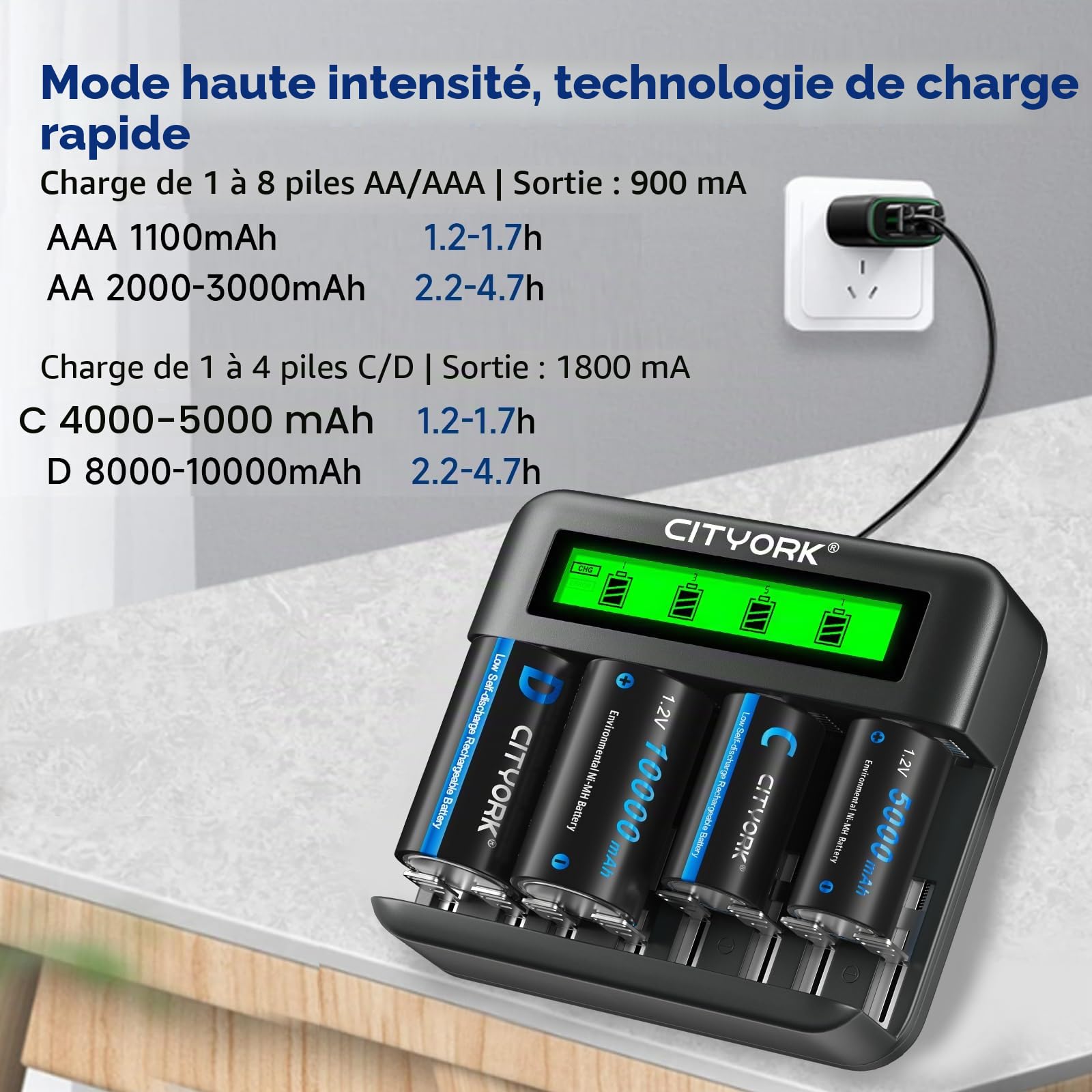 CITYORK Chargeur avec piles rechargeables D 10000 mAh 1,2 V Ni-MH, chargeur pour batterie AA/AAA/C/D, Lot de 6