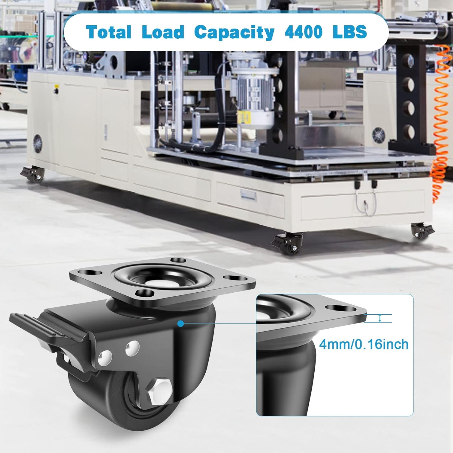 Nefish 3-Inch Heavy Duty Casters Set of 4, Industrial Grade Casters Wheels 4400 LBS, Low Gravity Plate Swivel Caster with Brake, Durable & Corrosion-Resistant Nylon Wheels for Industrial, Machine