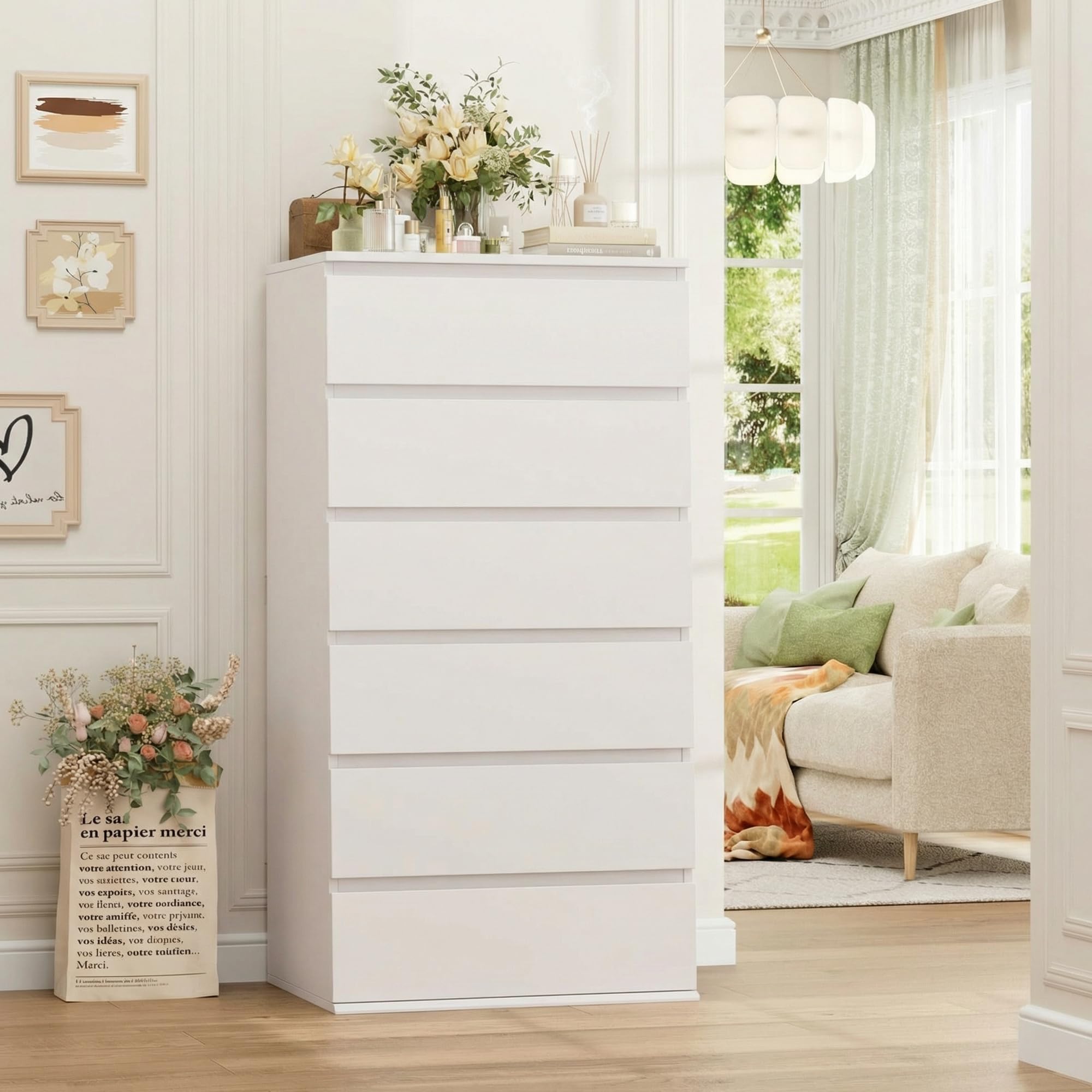 FOTOSOK White Dresser, 6 Drawer Dresser, Modern Tall Floor Storage Cabinet with Metal Sliding Rail, Wooden Handleless Drawer Cabinet, 6-Layer Large Capacity Vertical Dressers for Home & Office