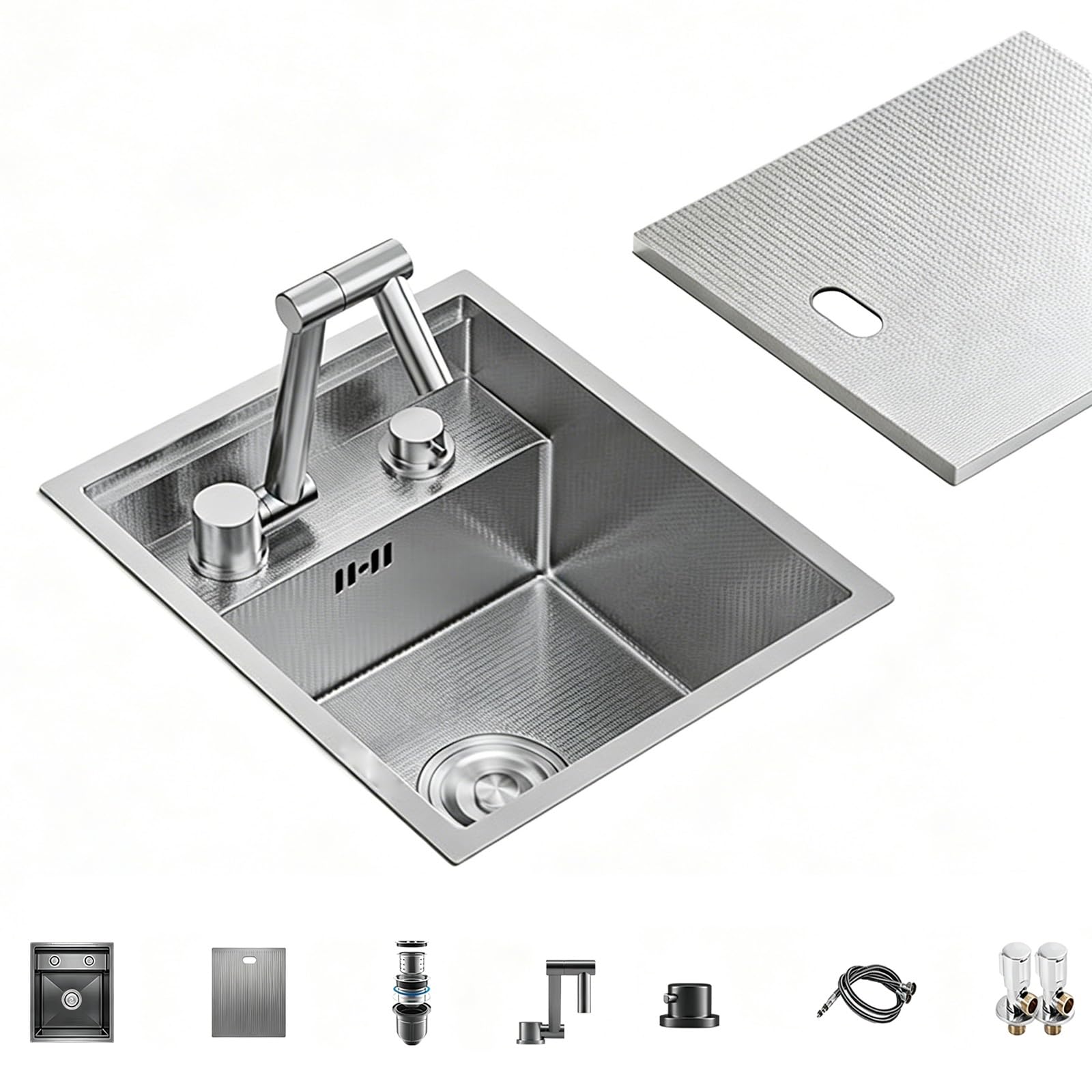 Fregadero Camper, Fregadero Cocina, Grifo Oculto, Placa de Cubierta, Acero Inoxidable 304, para Bar, Cocina, Balcón, Autocaravana(Silver,35x30cm/14x12in)