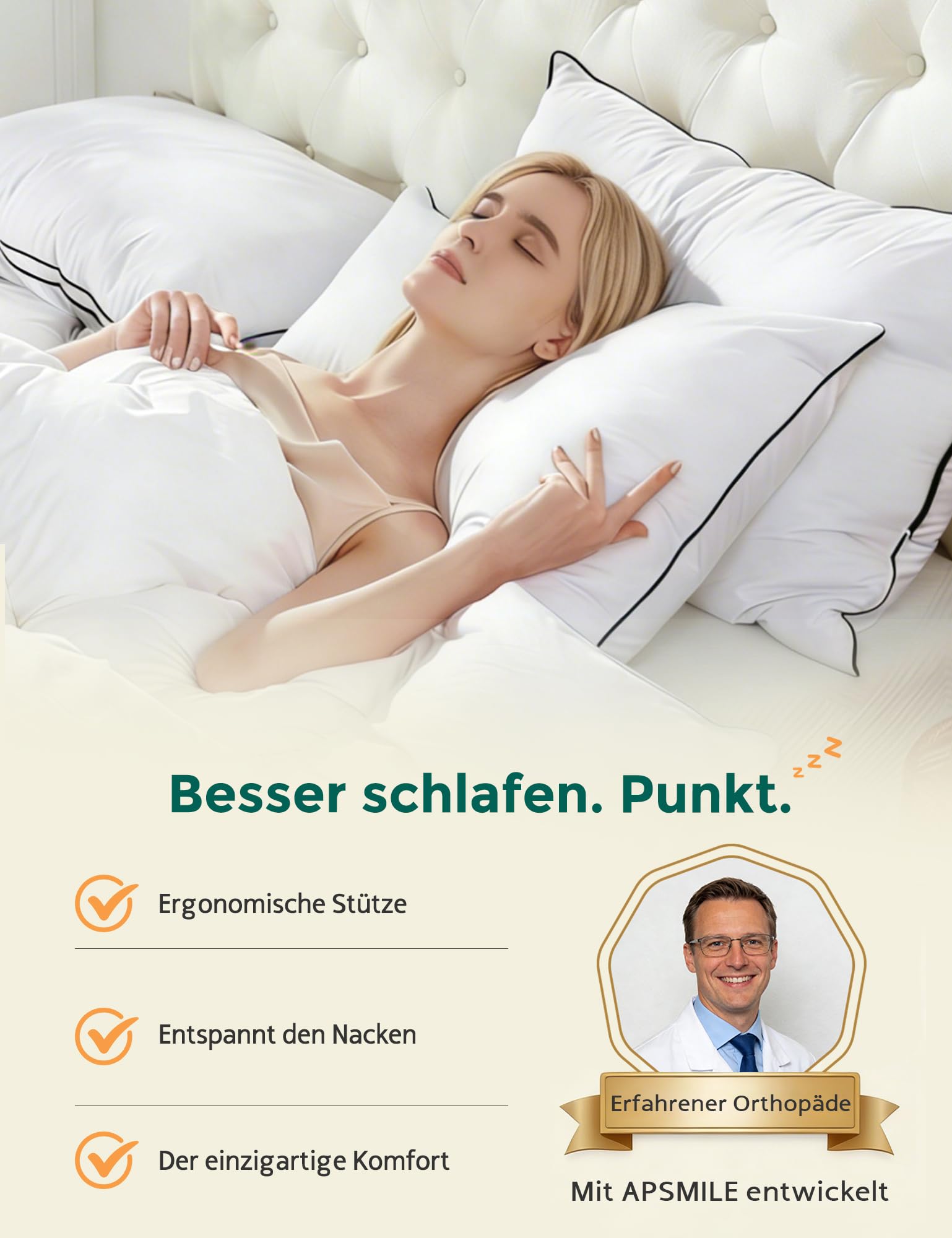 APSMILE Daunenkissen 40x80 Federkissen mit 3 Kammer Füllung - Luxus Daunenkissen zum Schlafen, Kopfkissen 40x80 Daunen Kissen 100% Bio-Baumwollbezug, weich & stützend (Weiß,2er Stück)