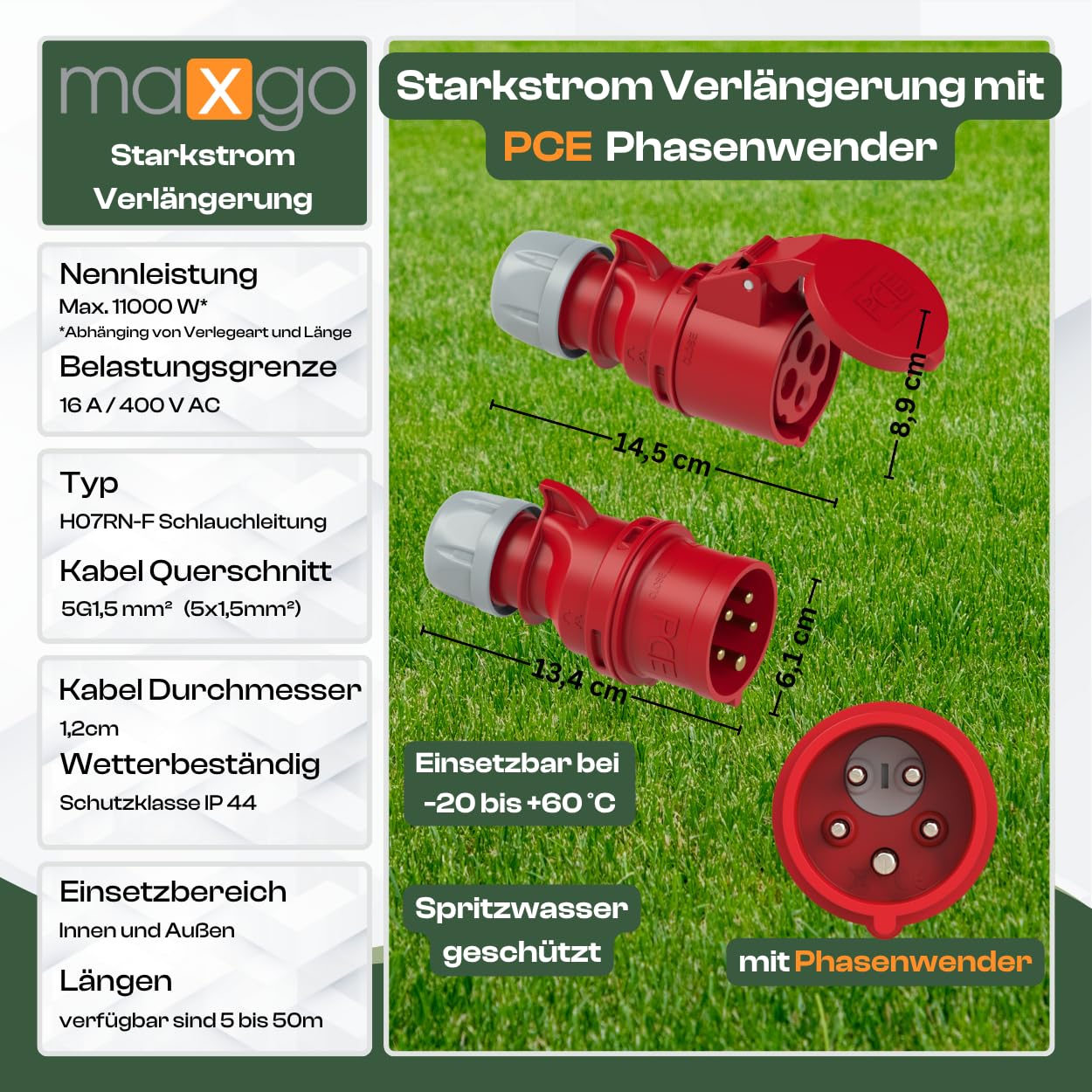 Starkstromkabel 16A 50m mit Phasenwender H07RN-F 5x1,5 Starkstrom Verlängerungskabel CEE Verlängerung 16 Ampere Kabel 5x1,5mm2 Baustelle Werkstatt Industrie Geeignet Outdoor IP44