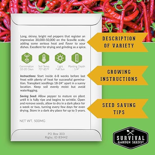 Miniatura 2 de Survival Garden Seeds - Semilla de pimienta de cayena roja para plantar - 3 paquetes con instrucciones para plantar y cultivar chiles picantes en el