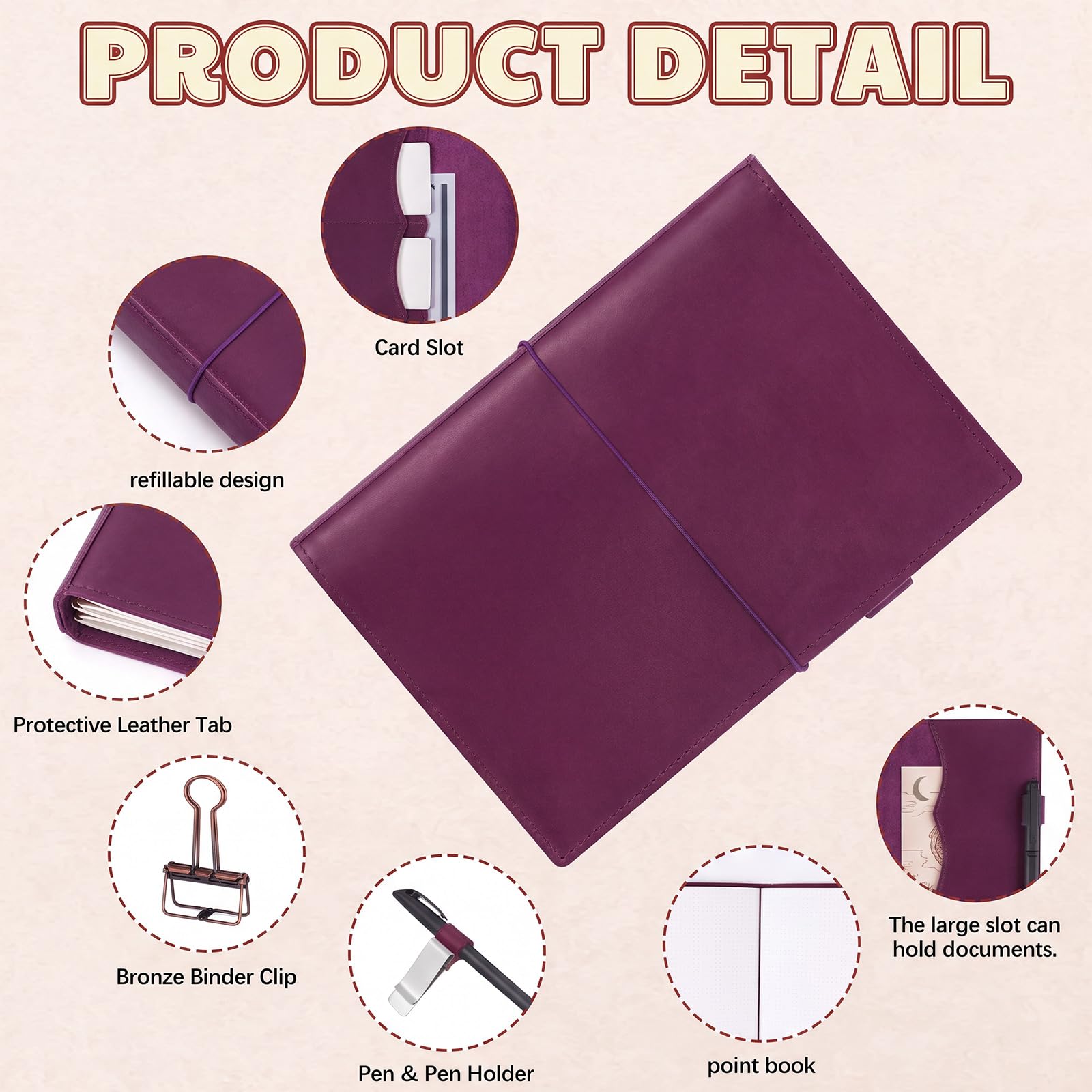 Eaasty Copertina per diario di viaggio in pelle A5 con tasche interne, scomparti per carte di credito e portapenne, inserti per diario di viaggio, cartella in PVC, clip per raccoglitore ed elastici