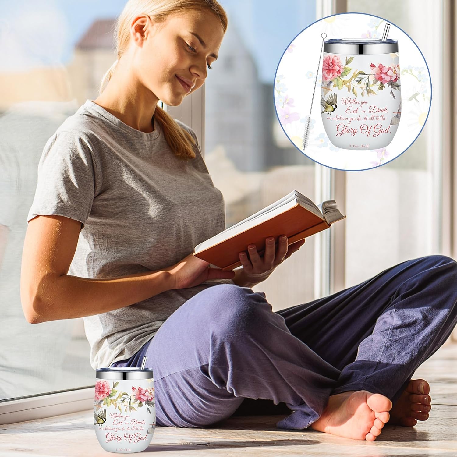 Sliner 4 Pcs Christian Gifts for Women 12 oz Floral Stainless Steel Tumblers with Lid and Straw Inspirations Bible Verse Tumbler for Mom Grandma Women Religious Birthday Mothers Day Church Gifts - Image 7
