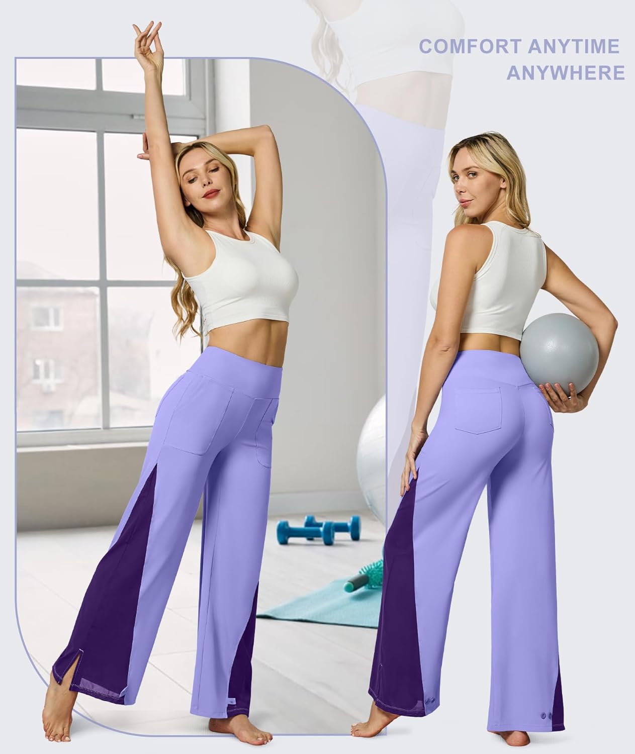 Casei Wide Leg Yoga Pants for Women Adjustable Hem High Waist Loose Casual Pants with Pockets - Image 6