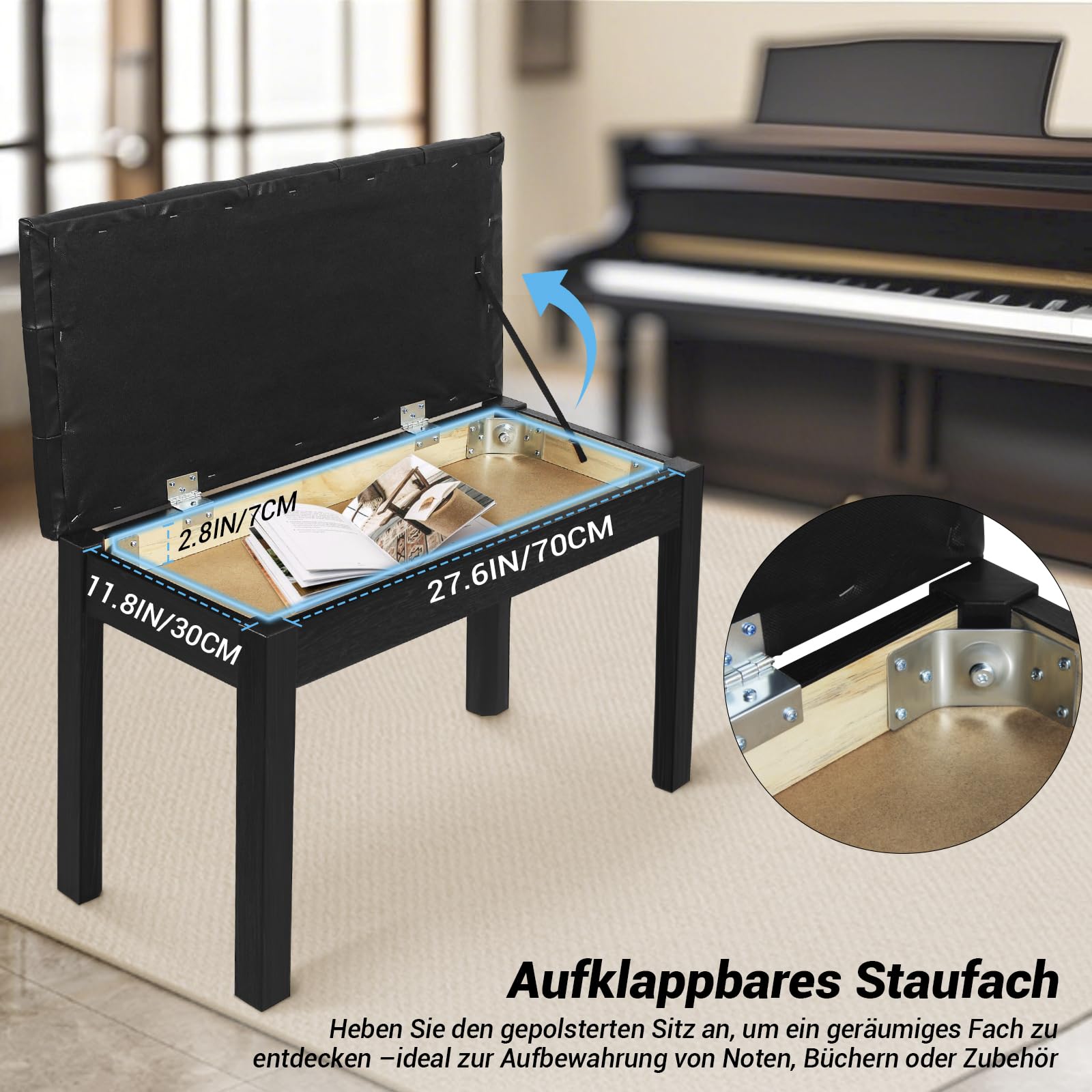 SUNDOY 75 cm Klavierbank aus Massivholz – Schwarzer Klavierhocker mit Weichem Sitzkissen – Modernes, minimalistisches Design, Korrosionsbeständig & Stabil – Für E-Piano & Keyboard, Schwarzer