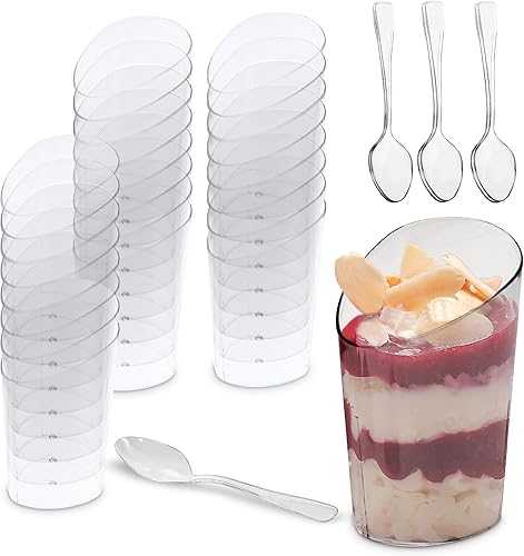 Vasos de postre redondos inclinados de corte abierto, 3 onzas, 40 unidades, cucharas incluidas, plástico transparente, mini taza de postre