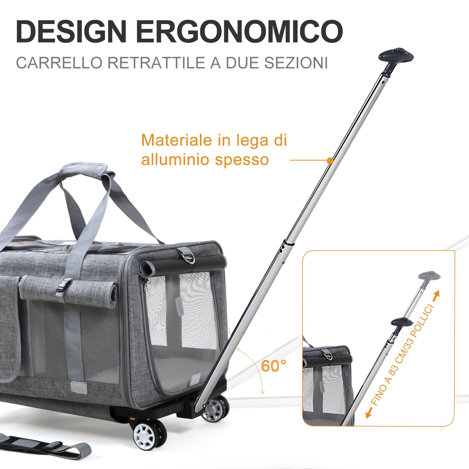 Trasportino Doppio per 2 Gatti con Ruote – 2-in-1 Grande Trasportino Trolley per Due Gatti, Tessuto Traspirante e Antigraffio – Ideale per Viaggi in Auto,Veterinario (53Lx44Bx33H cm)