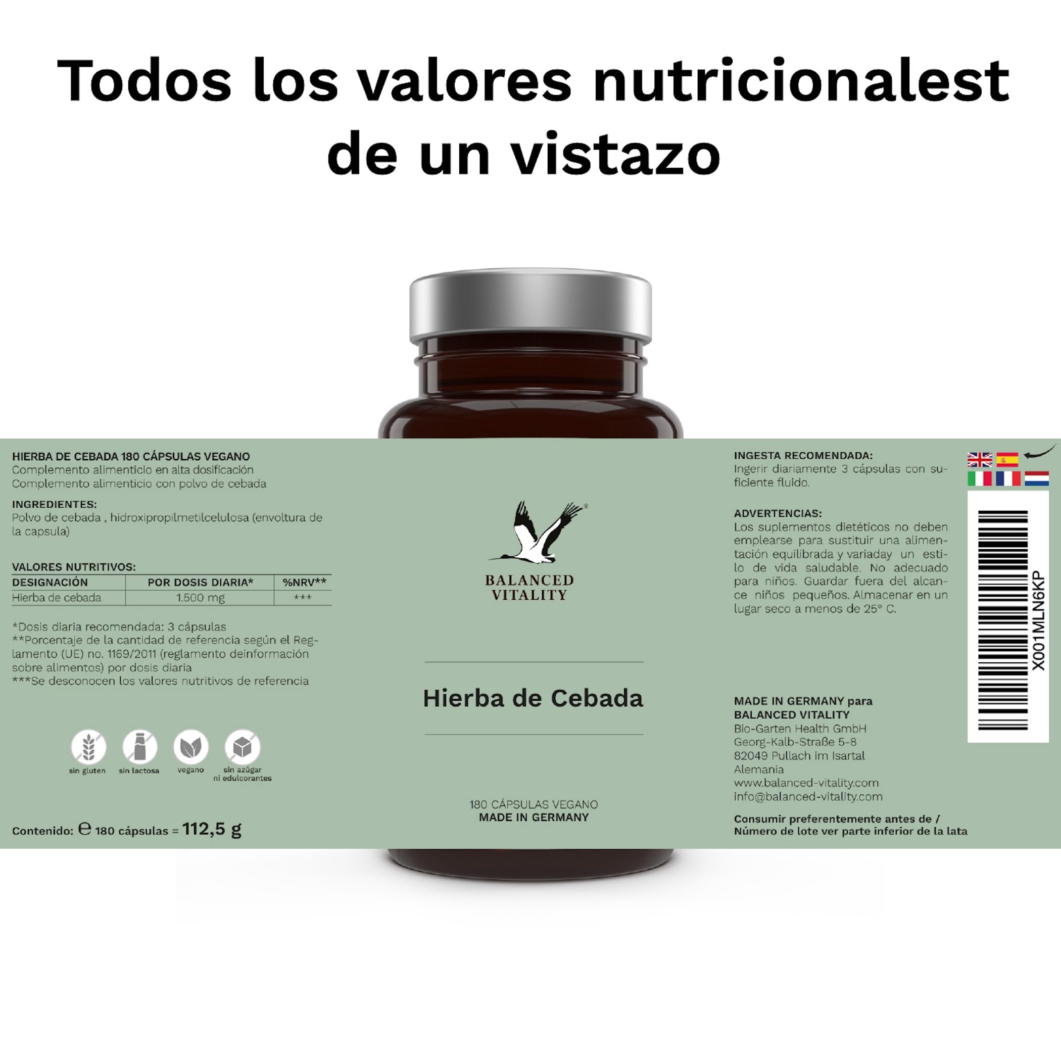 Hierba de cebada Balanced Vitality – proveedor de nutrientes variado – superalimento natural – sin aditivos – probado en laboratorio – 180 pastillas veganas para 2 meses – Made in Germany