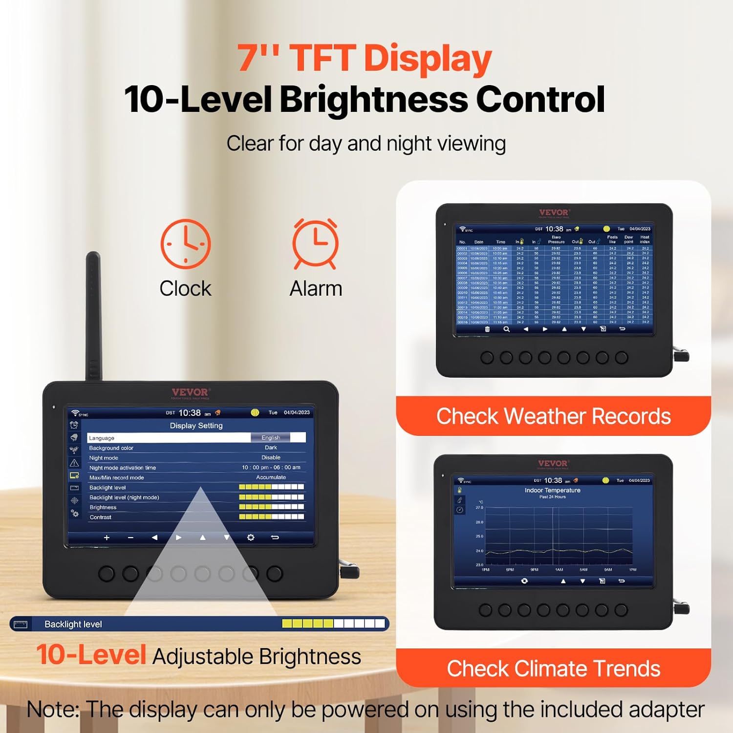 VEVOR 7-in-1 Wi-Fi Solar Self-Charging Weather Station with 7" TFT Color Display, Solar-Powered Outdoor Sensor, Indoor&Outdoor Monitoring for Temperature, Humidity, Wind Speed/Direction and Rainfall
