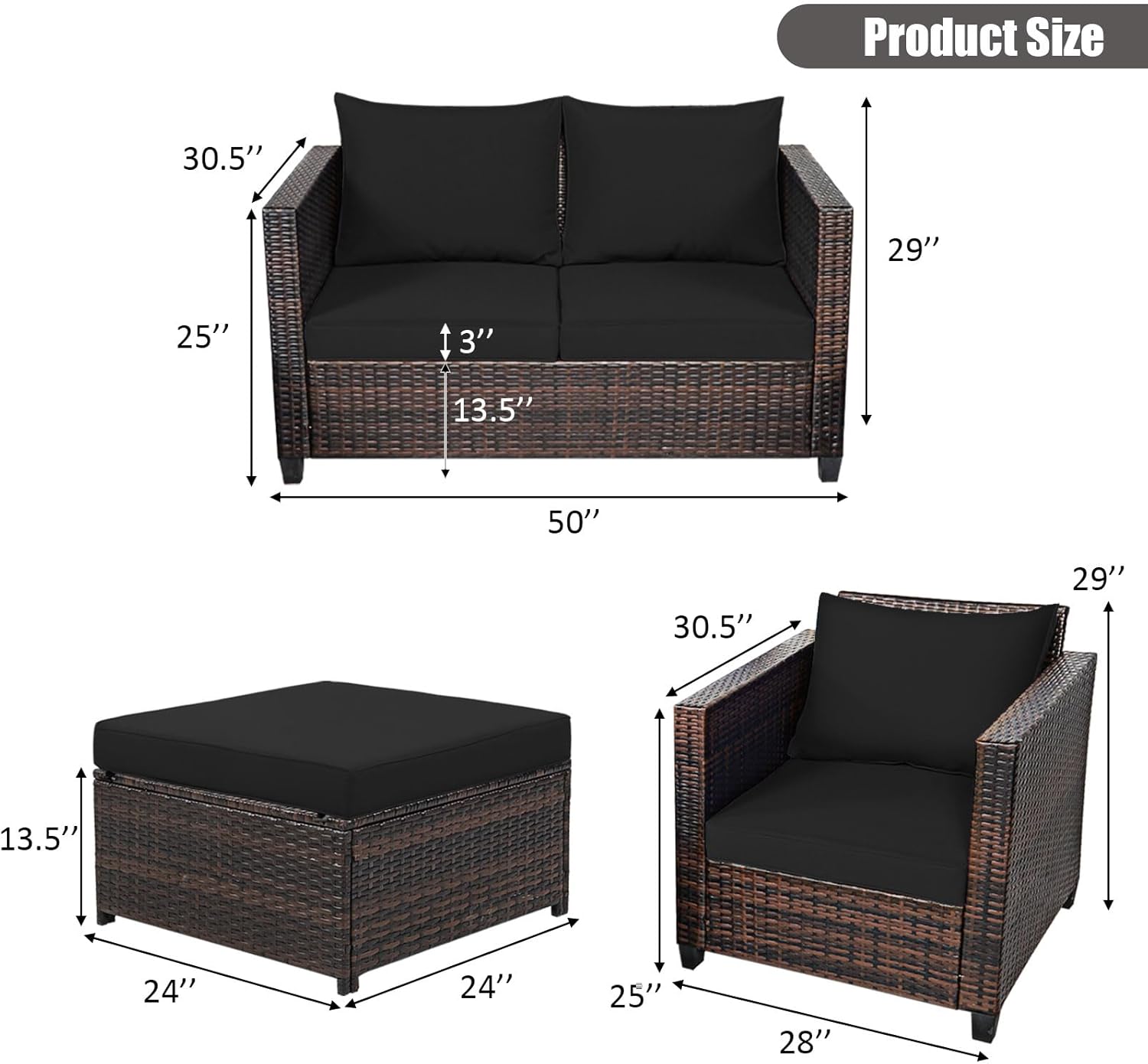 Tangkula 5 Pieces Rattan Patio Furniture Set, Outdoor Sectional Wicker Sofa Set with Loveseat, 2 Single Sofas, 2 Ottomans & Removable Cushions, Outside Daybed Sofa for Yard, Garden, Poolside (Black)