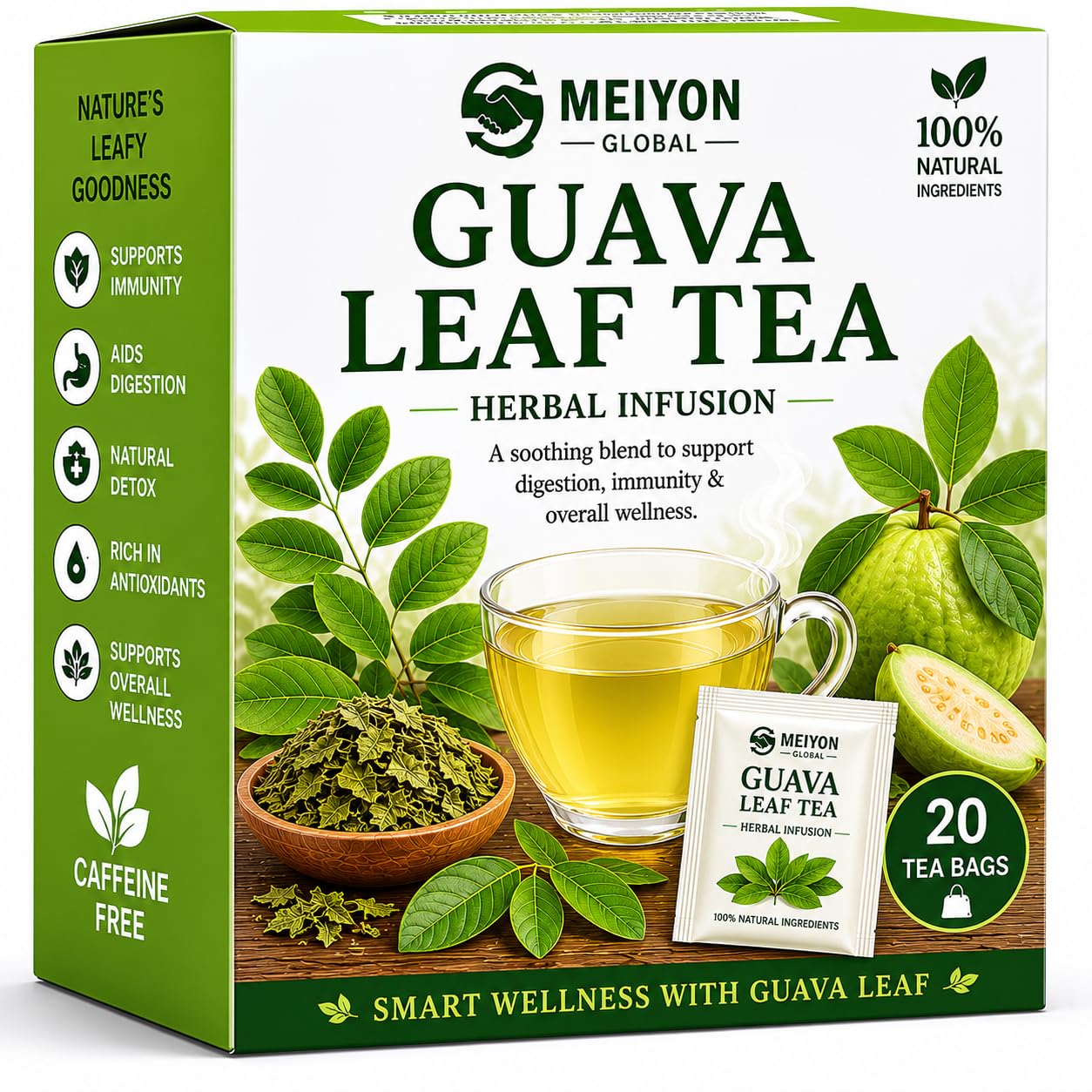meiyon guava leaf tea - 20 tea bags | caffeine free, staple free. boost immunity. control blood sugar level