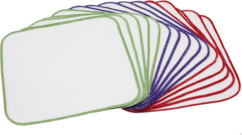 OsoCozy Flannel Cloth Baby Wipes - Reusable & Washable Saves Money - White 100% Cotton - Soft and Durable - Colorful Stitching - 8 x 8 inches, 15 Count (Pack of 1)
