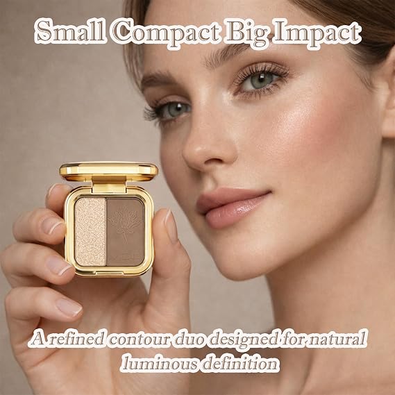 Contour and Highlighter Powder Palette – Dual Shade Matte and Shimmer Makeup for Face Sculpting and Nose Contour, Lightweight Buildable Powder for Soft Glow and Definition
