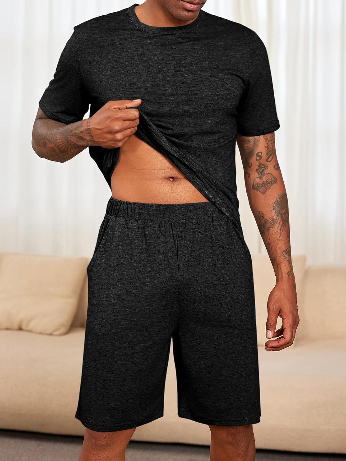 Runcati Mens Pajama Sets Short Sleeve T Shirts 2 Piece Shorts Lounge Sets PJ Summer Sleepwear - Image 3