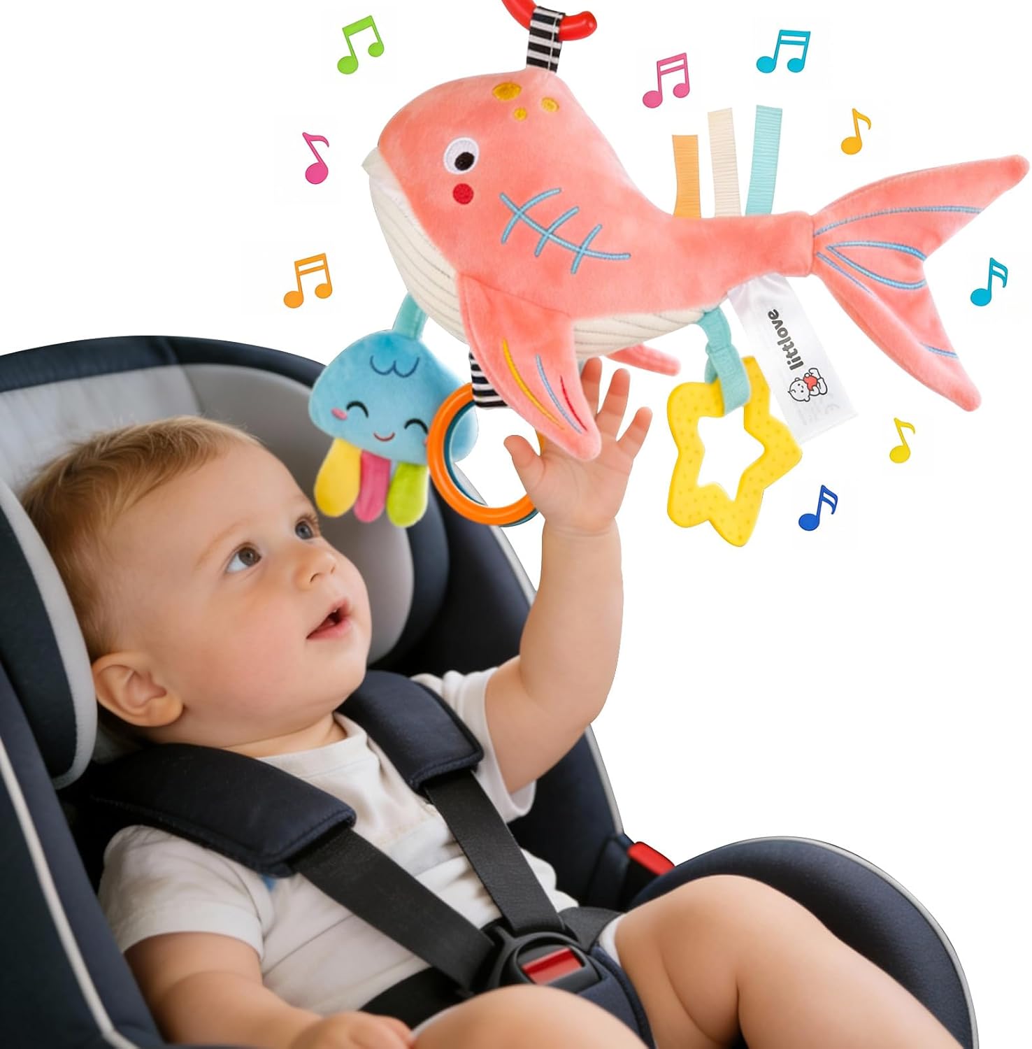 Musical Baby Toys for Car Seat 6-12 Months, Travel Sensory Toy 3-6 Months, Montessori Plush Toys for Roadtrip with Teether Crinkle Textures Clackers Squeaky Pulling Cords Newborn Infant Gift