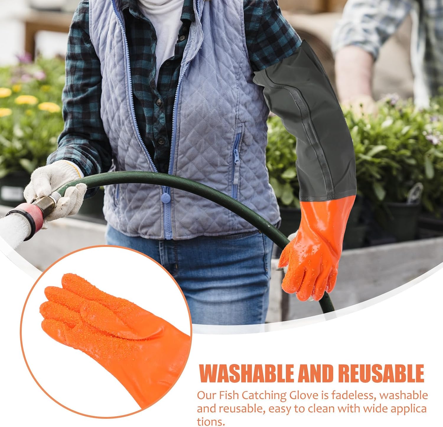 BESTonZON Waterproof Fishing Gloves Ultra-Long Professional Gardening Gloves with Elastic Cuff for Aquatic and Industrial Use 1 Pair (Orange)