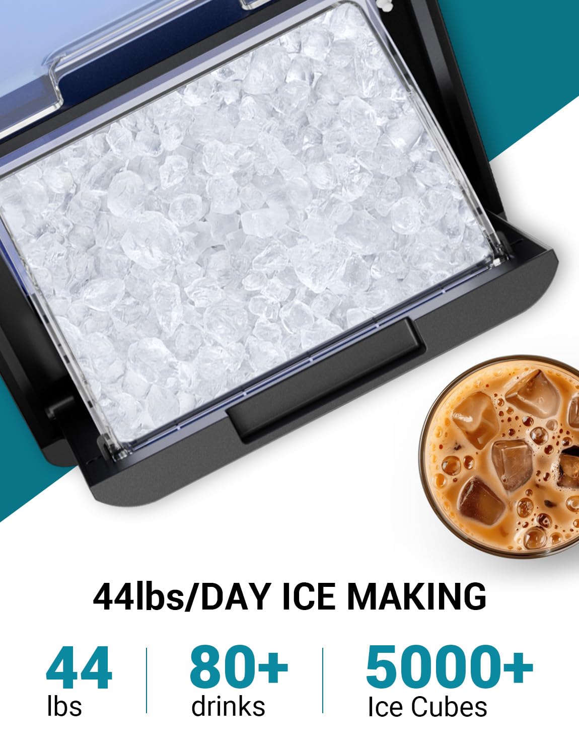 44 lbs Nugget Ice Maker Countertop,Pebble Ice Machine, 5-10 Mins Fast Ice Making, Self-Cleaning, Portable for Home, Outdoor, Camping, Hospital, RV (44lbs)