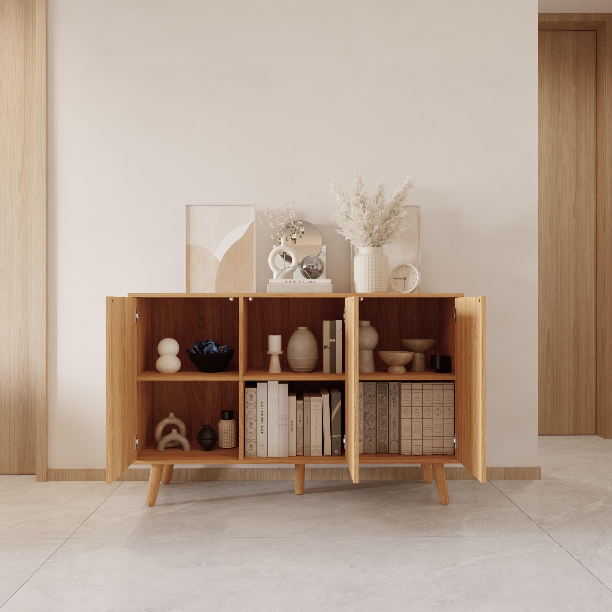 MB Muebles Bonitos, Credenza con ante scanalate Renzo per Soggiorno Sala da pranzo moderno, Design Ondulato, Gambe in Legno, Melamina e PVC, Colore Rovere Alba, 120x76x40 cm