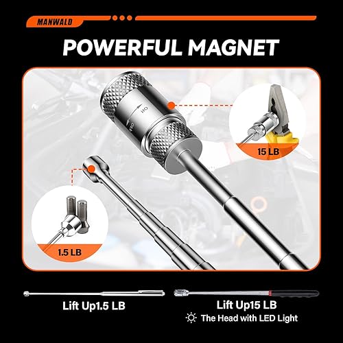 Miniatura 4 de Juego de herramientas de recogida magnética telescópica con bolsa portátil, linterna extensible con espejo de inspección de 360, regalos para el día