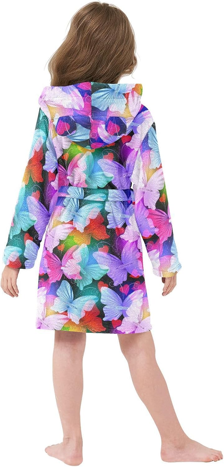 senya Colorful Glowing Radial Butterflies Toddler Hooded Bathrobe Kids Soft Plush Bath Towel Robes for Boys Girls 2-12 Years