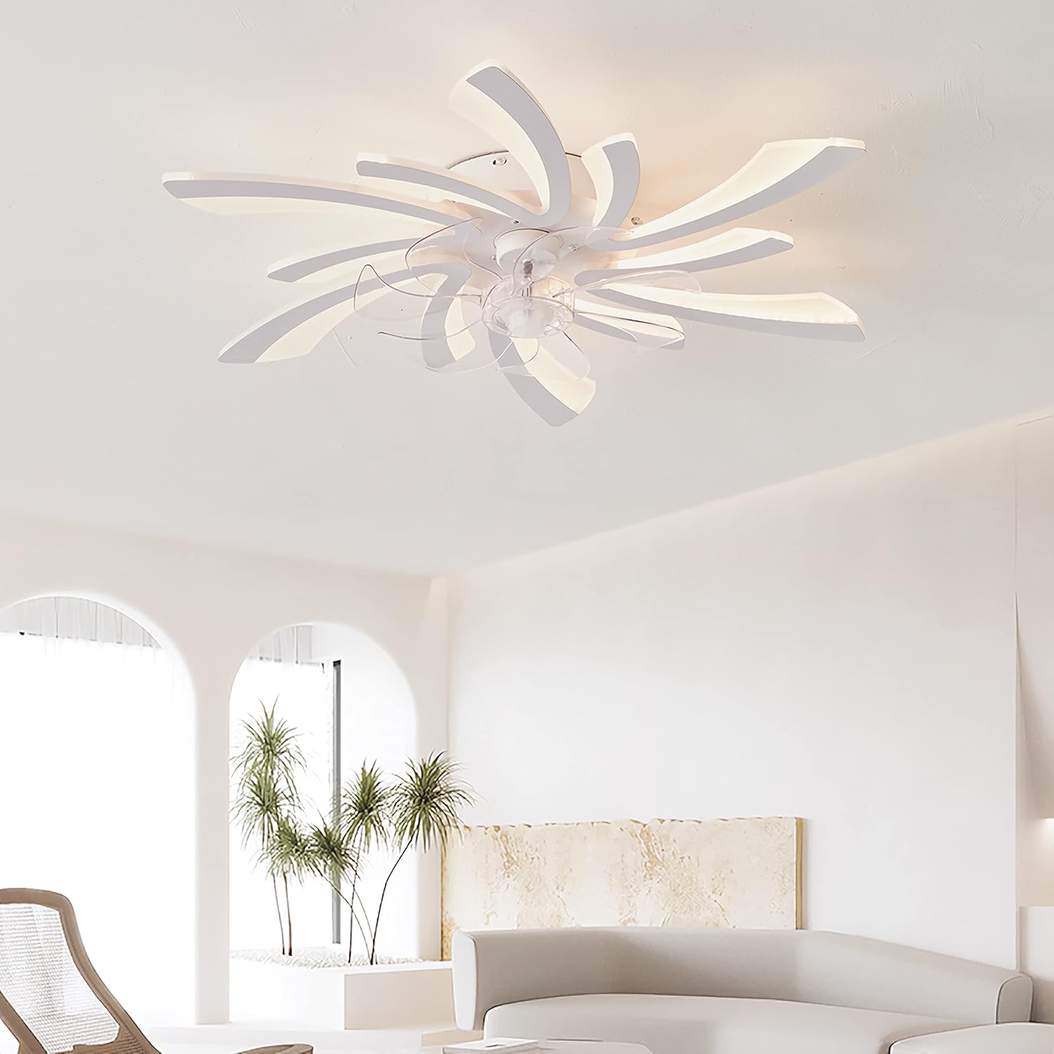 YUEGOO Ceiling Fans with Lamps,Led Dimmable Silent Ceiling Fans with Lights and Remote Control App Reversible 6 Speed Timer Modern Chandelier Fan for Office Living Room Bedroom/White
