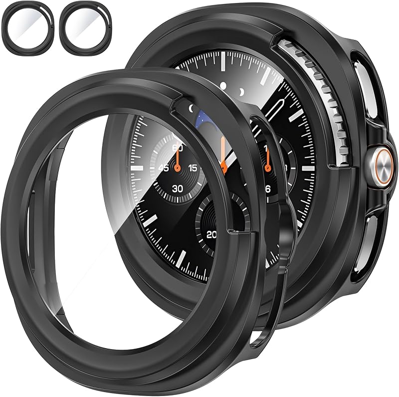 Tensea 2Pcs for Samsung Galaxy Watch 8 Classic Screen Protector Case 46mm | Protective Face Cover for 46 mm, Hard Bumper Built-in Tempered Glass Film Accessories for Women Men