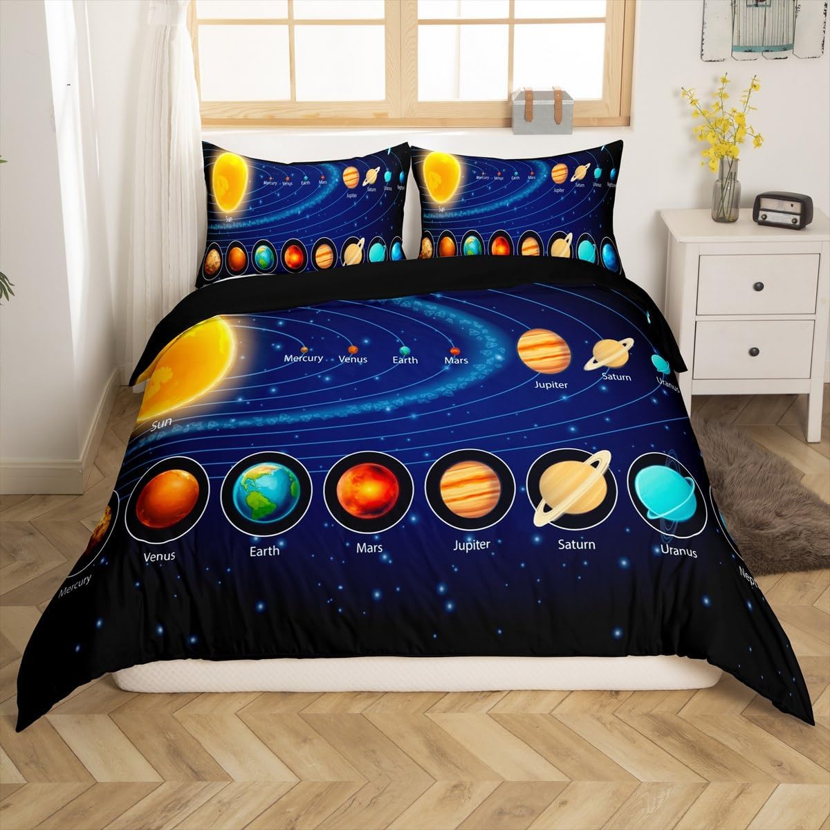 Feelyou Solar System Duvet Cover Set for Kids Toddler Outer Space Galaxy Bedding Set Universe Planets Comforter Cover Astronomy Quilt Cover Boys Girls 3 Piece Bedroom Collection Full Size