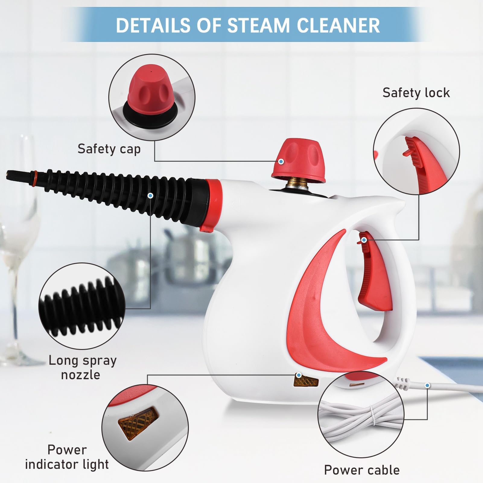 Handheld Steam Cleaner, 1050W High Temperature Pressurized Steam Cleaning Machine with 9PCS Accessory, Portable Multifunction Steamer for Kitchen Sofa Bathroom Car Window (US Plug)