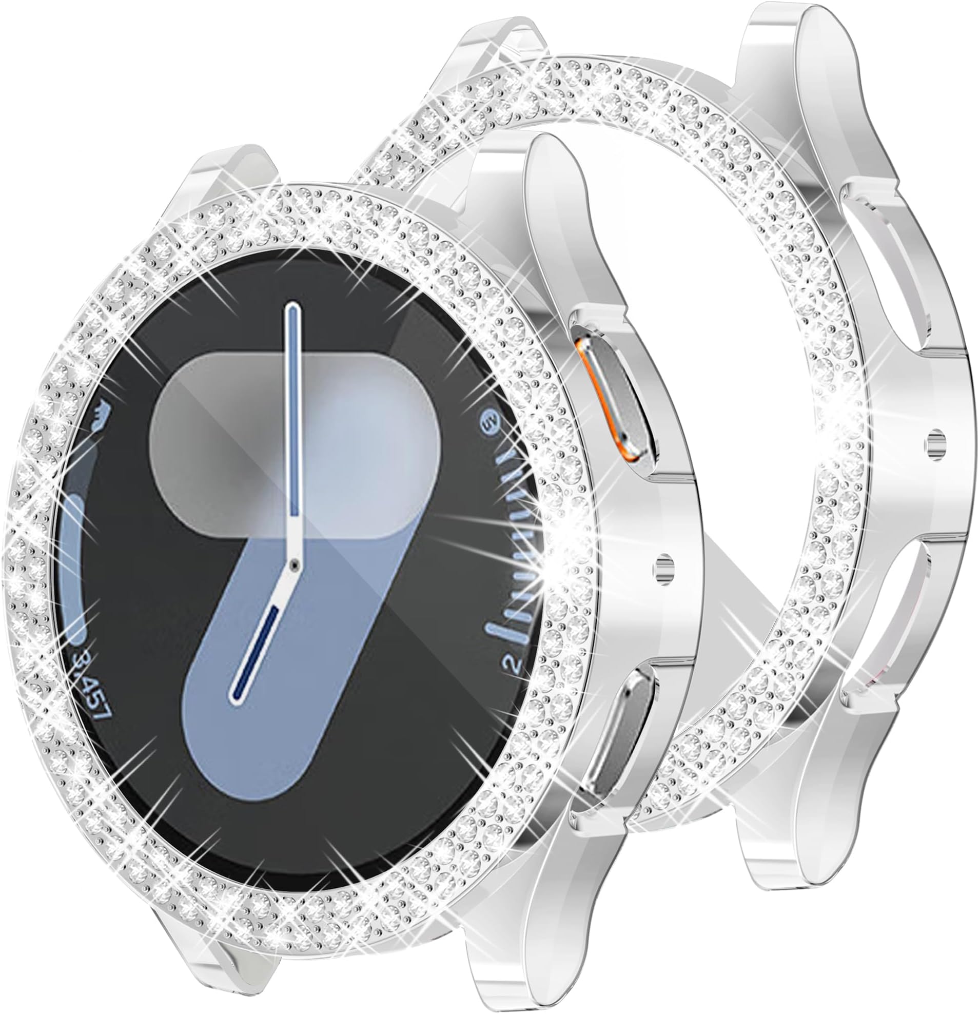 Wugongyan Case Compatible with Samsung Galaxy Watch 7 44mm Screen Protector Bling Double Row Crystal Diamonds Flexible TPU Galaxy Watch 7 Face Cover Accessories（Silver, 44mm）