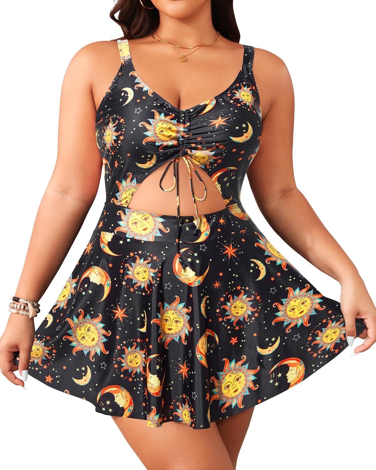 Yonique Women Plus Size One Piece Swimsuits with Skirt V Neck Floral Printed Swimdress Cutout Bathing Suits