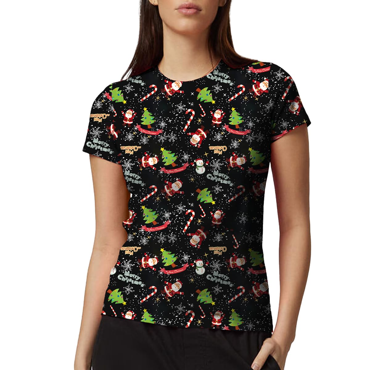 Netsetuk Women's Glaxy Print Christmas Santa Claus Snowflakes Gingerbread Printed Xmas T-Shirt Short Sleeve Casual Tops For
