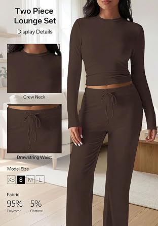 Womens Two Piece Lounge Set Long Sleeve Crop Tops Drawstring Waist Flare Leggings PJ Matching Set Yoga Outfits