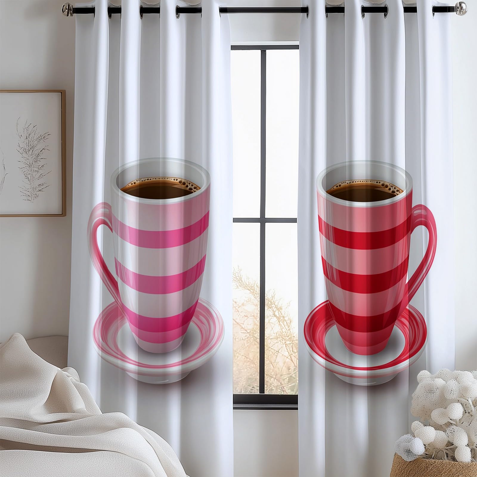 Generico Zasłony zaciemniające do sypialni, salonu, 91,5 l x 214 cm (2 panele) kubek do kawy w paski z oczkami z nadrukiem, białe zasłony termiczne