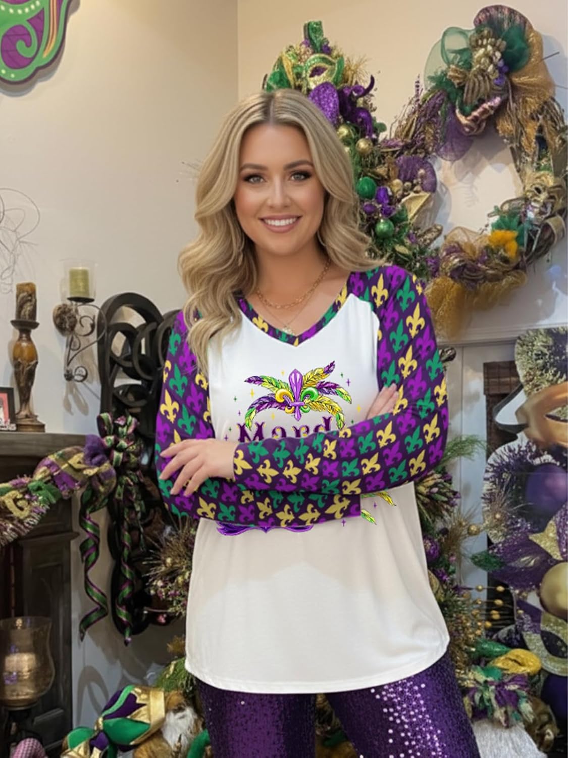 Mardi Gras Shirts for Women Plus Size Fat Tuesday Shirt Women's Carnival V-Neck Long-Sleeved Clothing - Image 4