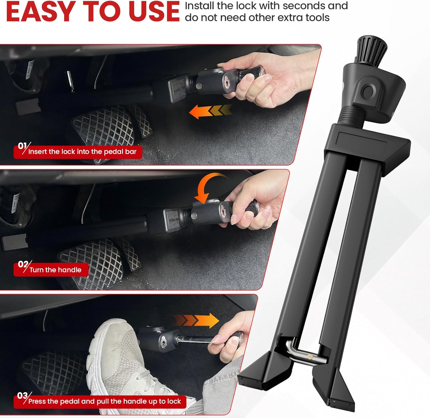 Brake Pedal Lock, Car Anti Theft Device, Heavy-Duty Retractable Car Theft Prevention Device, Universal Car Clutch Pedal Lock for Car Truck SUV Van Security with 3 Keys