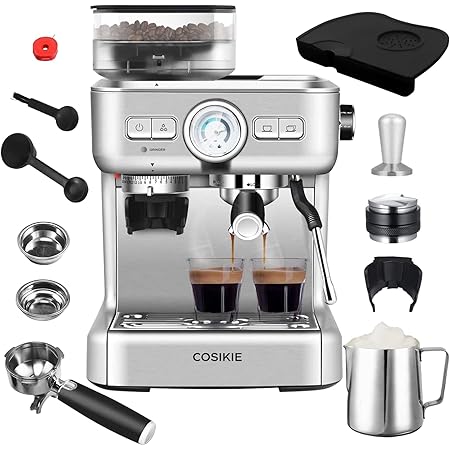 COSIKIE Espresso Machine with Grinder, Semi Automatic Espresso Machine with Steamer Milk Frother, All in One Espresso Coffee Machines 20 Bar, Home Barista Cappuccino Coffee Maker (Silver)