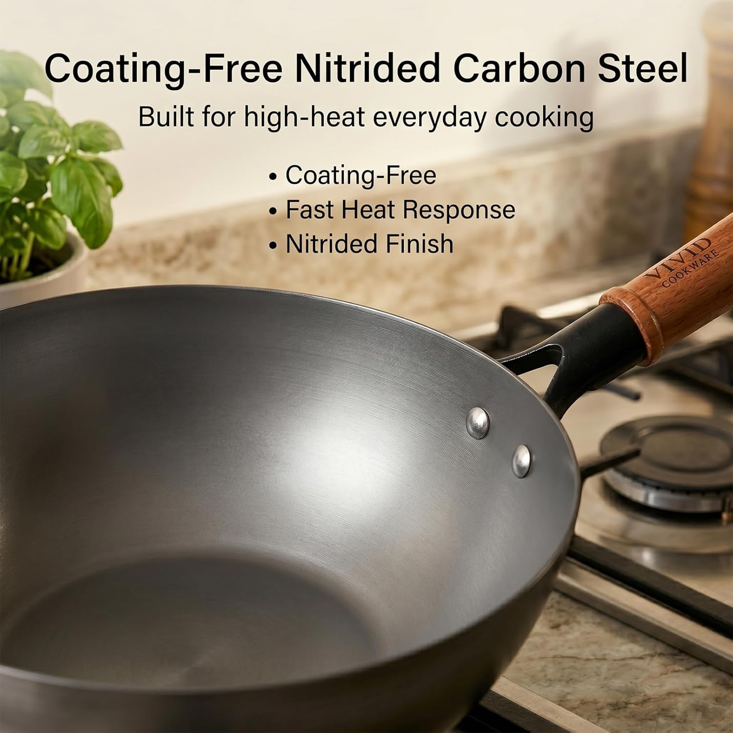 Carbon Steel Wok Pan with Lid, 9.8 Inch Deep Flat Bottom Wok, Coating-Free Carbon Steel Pan for Stir Fry, Soup, Noodles, Braising & Boiling, Small Induction Wok with Wooden Handle