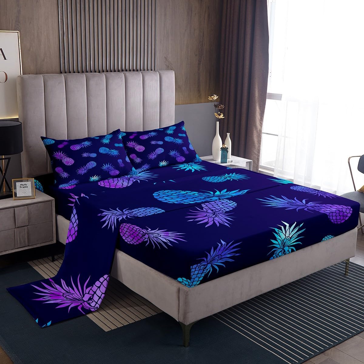 Pineapple Bed Sheet Set Tropical Fruit Bedding Sheets Purple Blue Pineapple Fitted Sheet for Kids Boys Girls Bohemian Exotic Bed Cover Room Decor with 1 Flat Sheet+ 1 Fitted Sheet+ 2 Pillowc