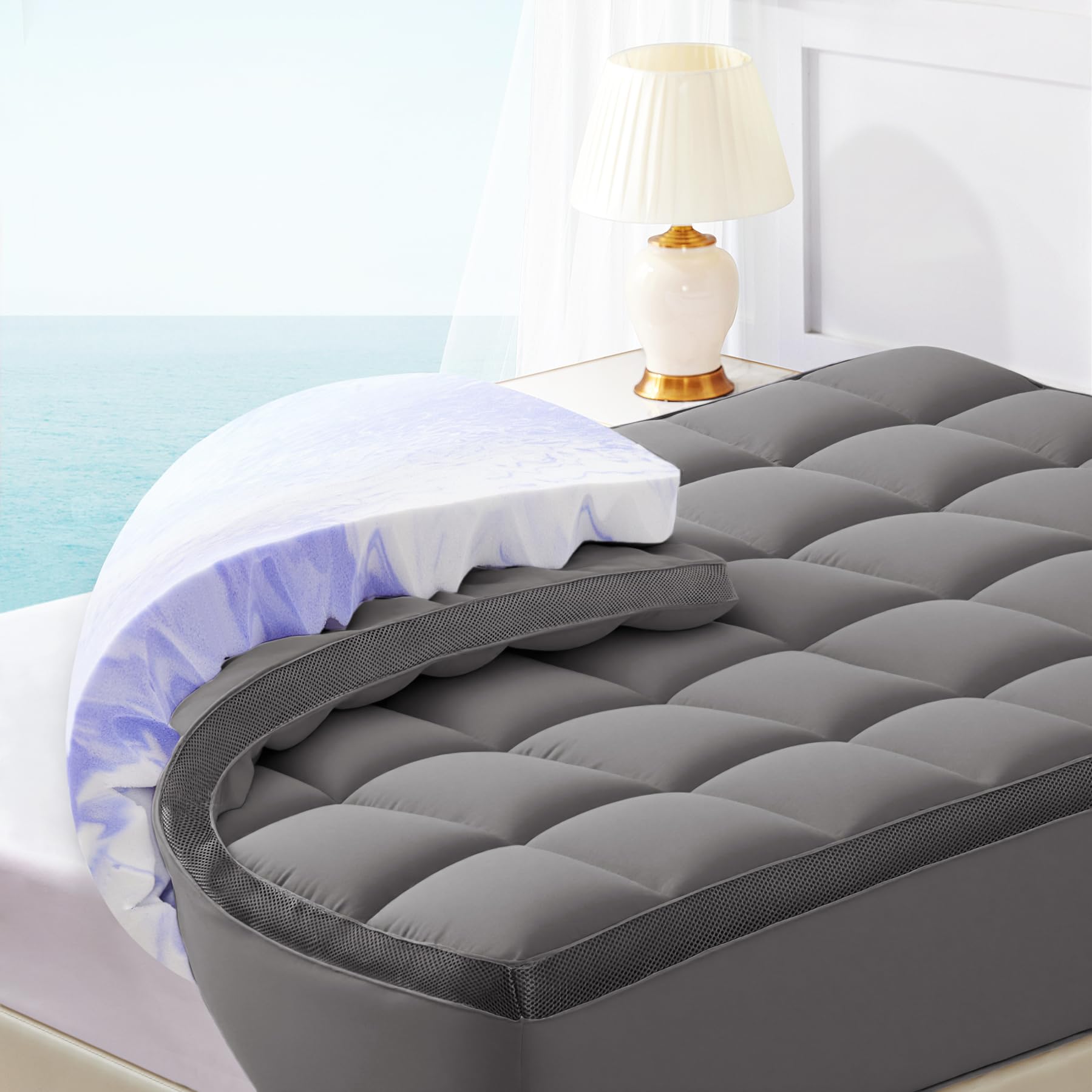 Dual Layer 4 Inch Memory Foam Mattress Topper King - 2 Inch Gel Memory Foam and 2 Inch Pillow Top Mattress Pad, 7-Zone Egg Crate King Size Mattress Topper Support(Grey)
